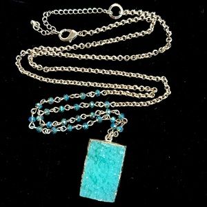 Aqua Blue Druzy Stone w/ Aurora Borealis AB Beads Gold-tone Necklace ~ 30 inches